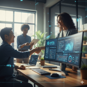 A handshake graphic or a team of developers collaborating on a screen, with Gupta Tech Web branding.